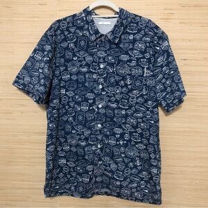 Columbia Navy Blue Printed PFG Button Front Short Sleeve Fishing Shirt Medium